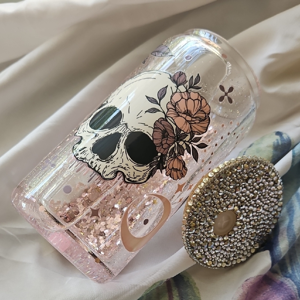 Skull Floral Glitter Tumbler with Rhinestone Lid